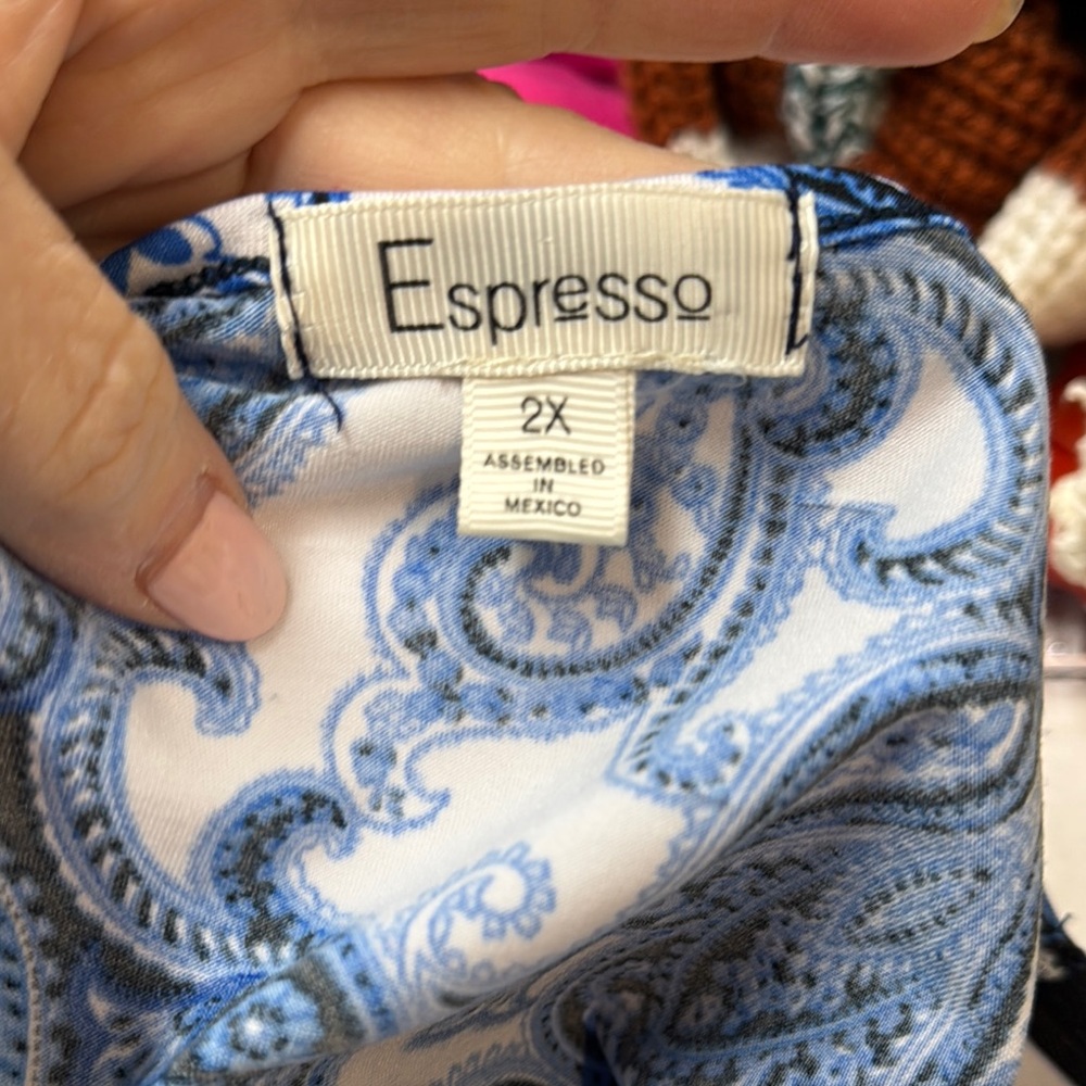 Expresso Dress Blue White Elastic Waist Zip Front V-neck Above Knee Plus Size 2X - Picture 6 of 9